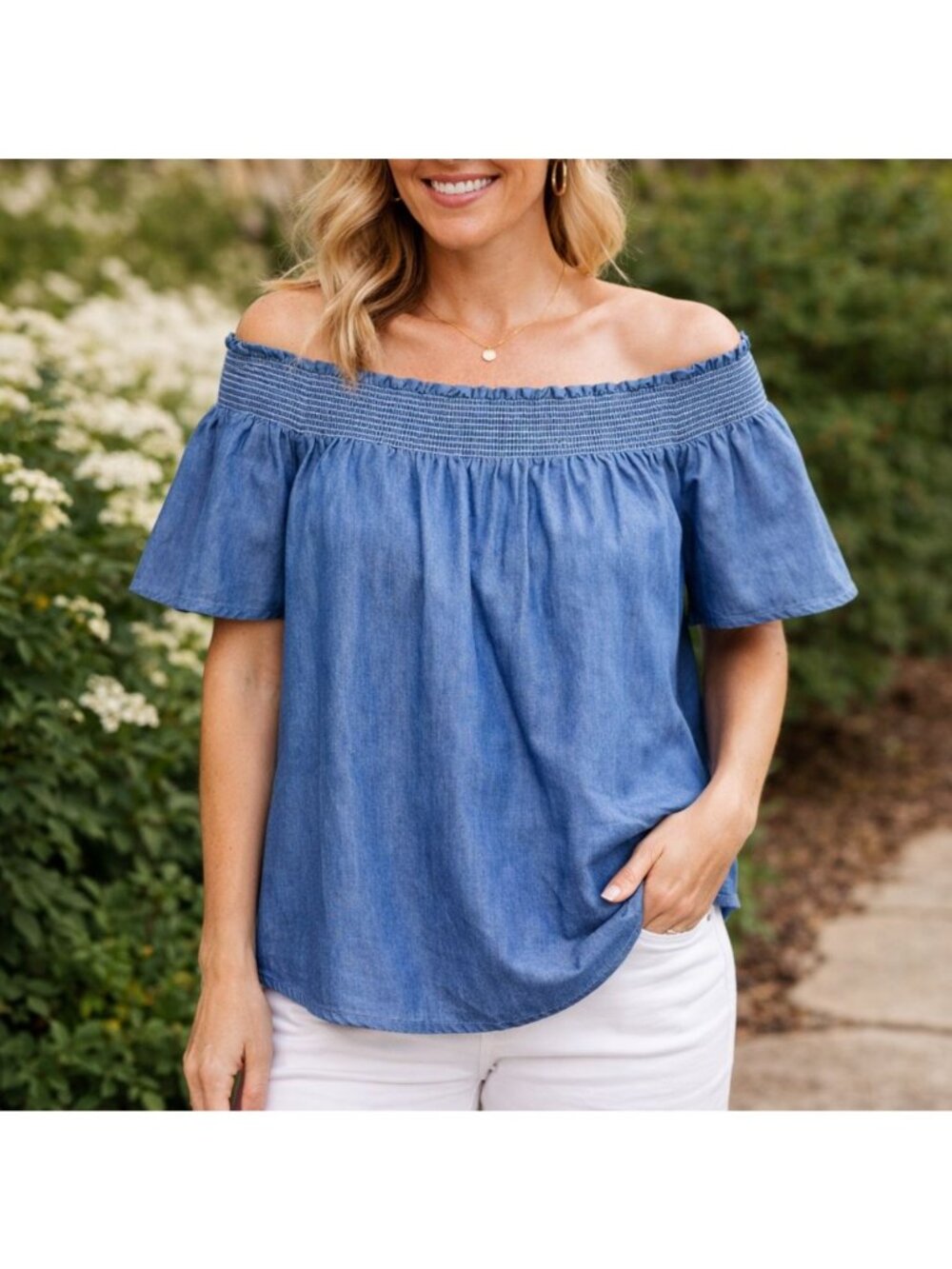 LaPogee Chambray Off Shoulder Top Medium Blue Smocked Boho Peasant Blouse
